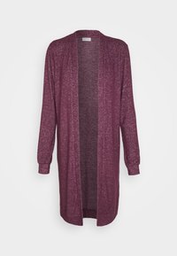 Cardigan largo burdeos hecho de tela texturizada, con un frente abierto, mangas largas y sin cierres, con una silueta relajada.