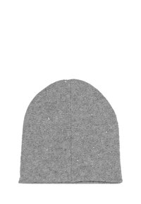Gray knit beanie with a soft texture and slightly rounded top. Features subtle glitter accents throughout the fabric for added detail.
