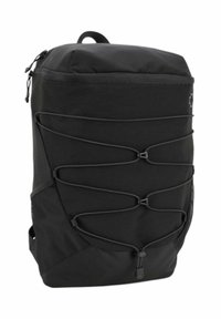 Schwarzer Rucksack mit einem streamlined Design, aus strapazierfähigem Material. Verfügt über elastische Schnürendetails, eine Netz-Seitentasche und einen oberen Reißverschluss.