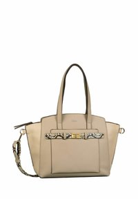 Sac à main beige en matériau synthétique, présentant un design structuré, deux poignées, et une bandoulière décorative à motif peau de serpent avec des accessoires dorés.