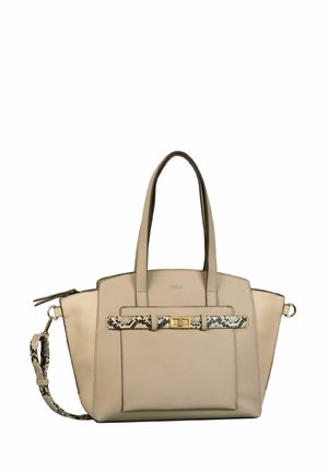 Sac à main beige en matériau synthétique, présentant un design structuré, deux poignées, et une bandoulière décorative à motif peau de serpent avec des accessoires dorés.