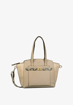 Sac à main beige en matériau synthétique, présentant un design structuré, deux poignées, et une bandoulière décorative à motif peau de serpent avec des accessoires dorés.