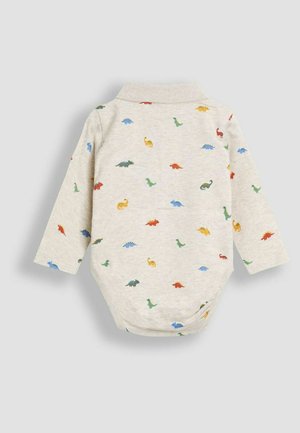 Garu piedurkņu baby bodysuit vieglā béžā kokvilnā ar rotaļīgu daudzkrāsainu dinozauru rakstu dažādās krāsās un formās.