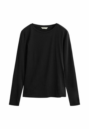 Black long-sleeve crew neck shirt with a simple, plain design and small brand label inside the collar.