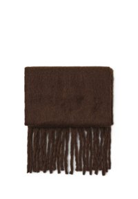 Sciarpa di lana marrone con dettagli frangiati sul fondo, caratterizzata da una texture morbida e una forma rettangolare. Design semplice e minimalista.
