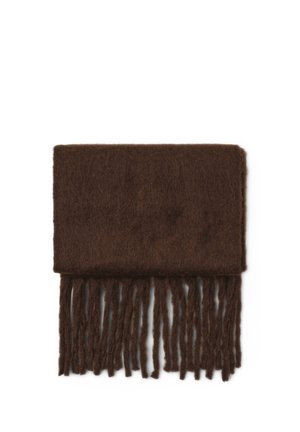 Sciarpa di lana marrone con dettagli frangiati sul fondo, caratterizzata da una texture morbida e una forma rettangolare. Design semplice e minimalista.