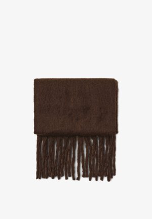Sciarpa di lana marrone con dettagli frangiati sul fondo, caratterizzata da una texture morbida e una forma rettangolare. Design semplice e minimalista.