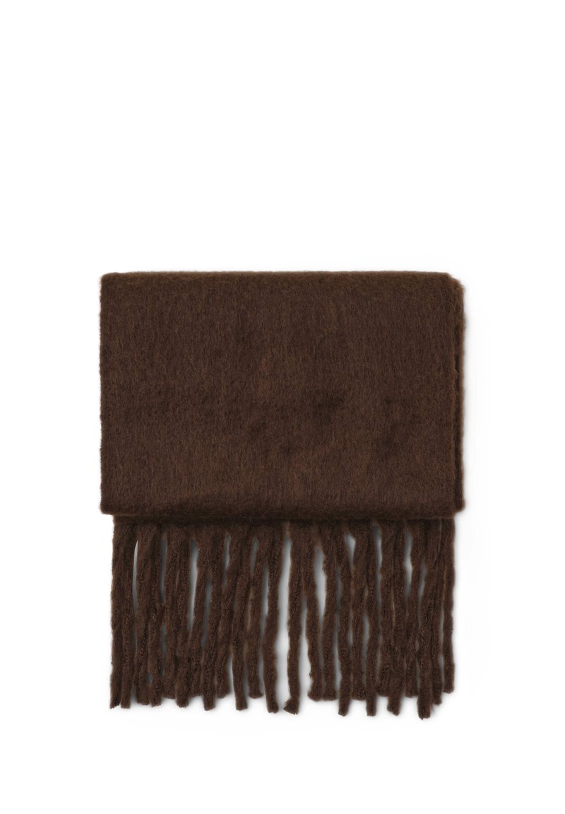 Sciarpa di lana marrone con dettagli frangiati sul fondo, caratterizzata da una texture morbida e una forma rettangolare. Design semplice e minimalista.