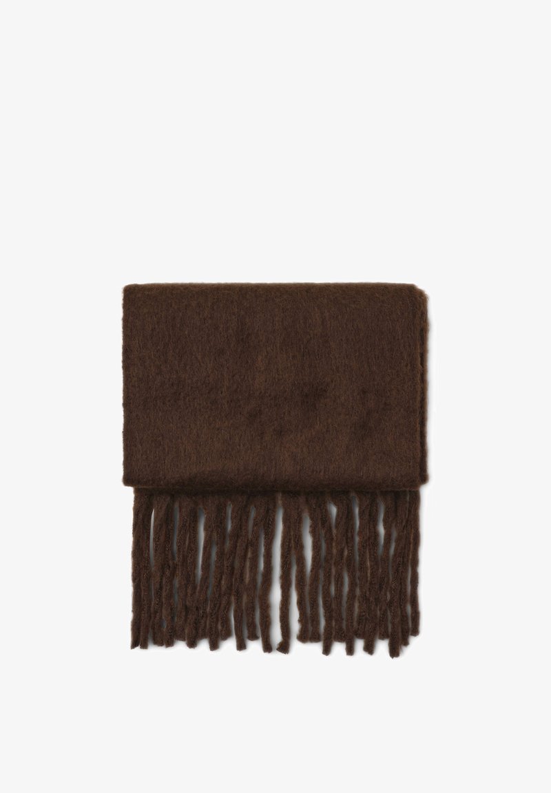 Brązowy wełniany szalik z frędzlami na dole, o miękkiej strukturze i prostokątnym kształcie. Prosty i minimalistyczny design.
