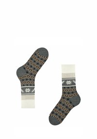 Calzini a maglia con un design a motivi in grigio scuro, grigio chiaro e tonalità di marrone, con motivi floreali e polsini a coste a contrasto.