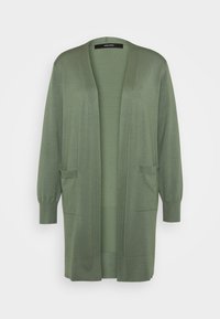 Lång olivgrön cardigan med öppen front, långa ärmar, ribbade manschetter och två framfickor.