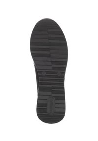 Black rubber shoe sole with a textured, grooved pattern for traction, featuring a circular logo and size imprint.