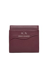 Portafoglio in pelle testurizzata bordeaux con un accento curvo, caratterizzato dal logo "A X" e dalla scritta "ARMANI EXCHANGE" in rilievo sul davanti.