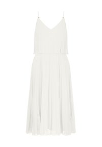 Weißes, plissiertes Kleid mit verstellbaren Spaghetti-Trägern und V-Ausschnitt, mit goldenen Akzenten an den Schultern. Leichter Stoff.