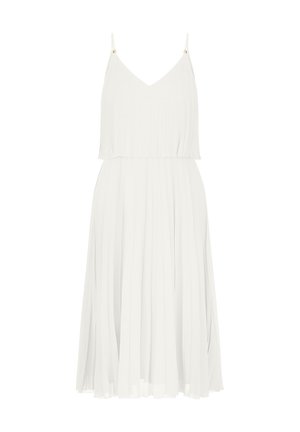 White pleated dress with adjustable spaghetti straps and a V-neckline, featuring gold accents at the shoulder. Lightweight fabric.