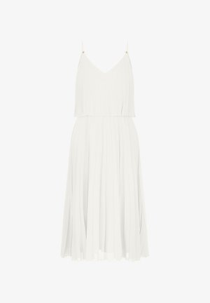 White pleated dress with adjustable spaghetti straps and a V-neckline, featuring gold accents at the shoulder. Lightweight fabric.