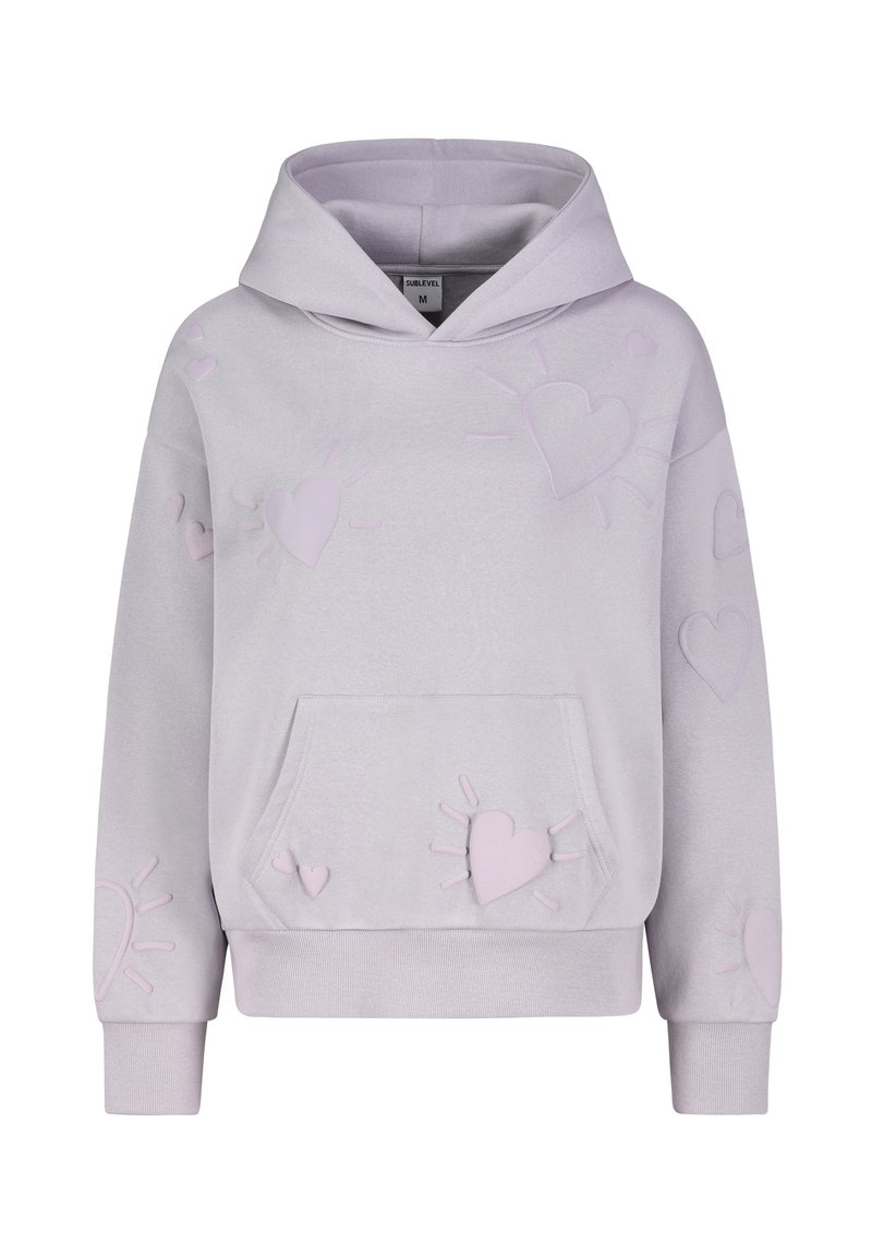 Lila Kapuzenpullover mit strukturierten Herz- und Sonnenmotiven, einer Fronttasche und einer Kordelzugkapuze. Hergestellt aus weichem, bequemem Material.