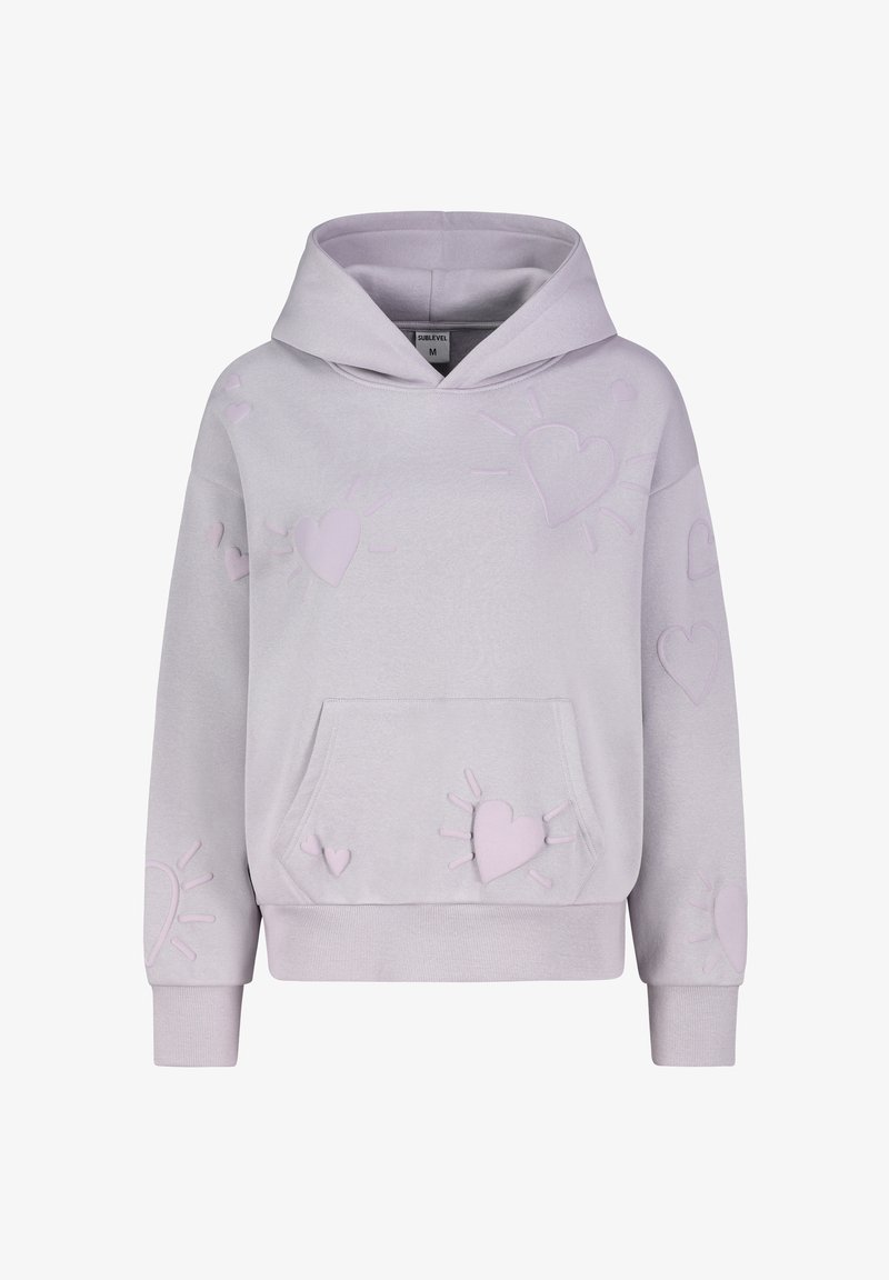 Lila Kapuzenpullover mit strukturierten Herz- und Sonnenmotiven, einer Fronttasche und einer Kordelzugkapuze. Hergestellt aus weichem, bequemem Material.