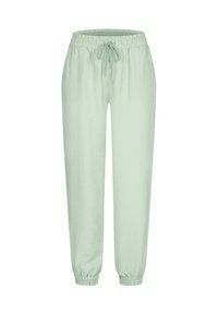 Pantalons de jogging vert clair avec une taille élastique, une fermeture à cordon et des poignets élastiques. Tissu lisse sans motifs ni accessoires visibles.