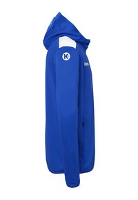 Blauwe hooded sweatshirt met een zachte textuur, voorzien van witte accenten op de schouders, een logo aan de linkerzijde en een comfortabele pasvorm.