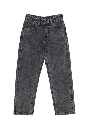 Jean noir taille haute effet délavé acide, avec poches avant, passants de ceinture et coupe droite, posé à plat sur fond blanc.