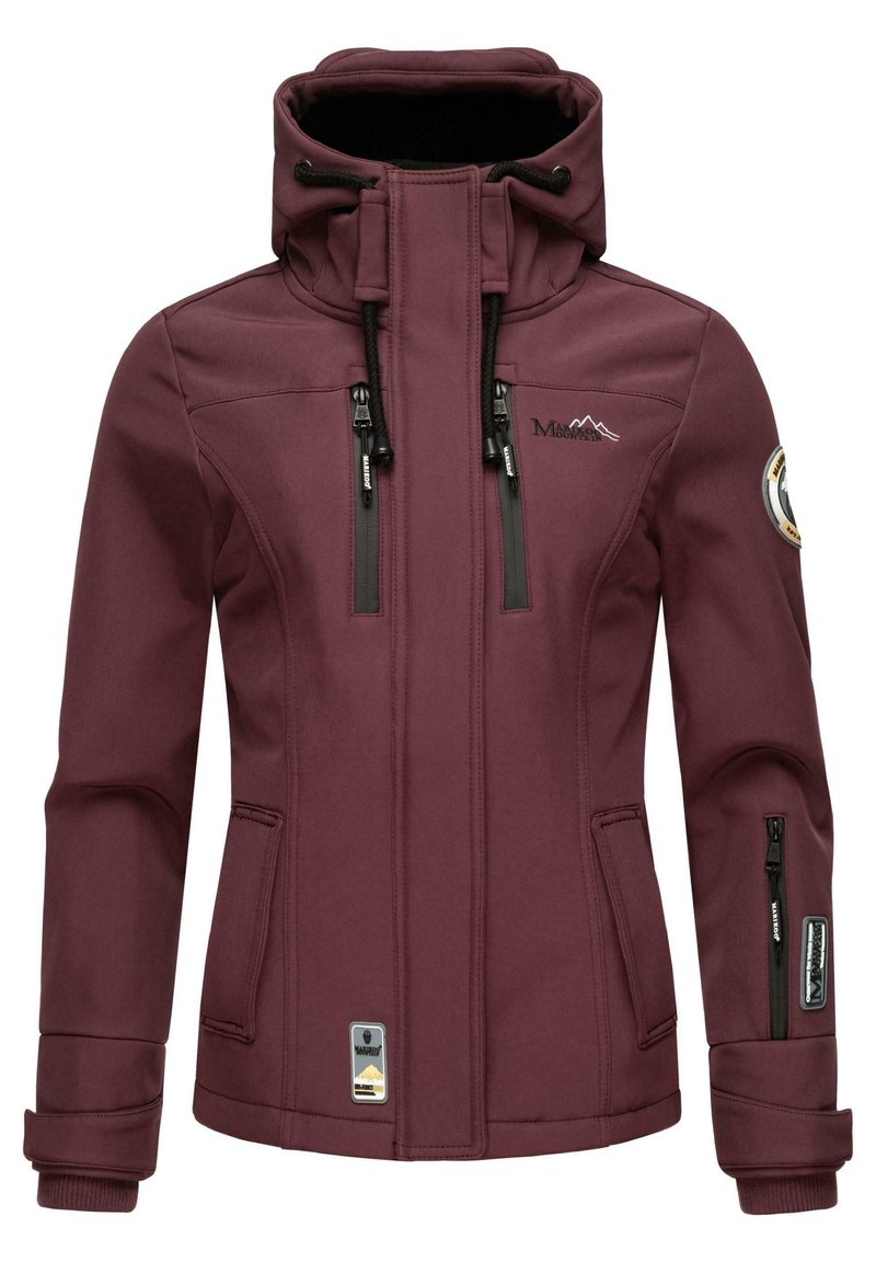 Maroon softshell jakna s visokim ovratnikom, dvostrukim patentnim zatvaračima, crnim akcentima i detaljem logotipa. Ima podesivu kapuljaču sa šnurlanjem i manžete.
