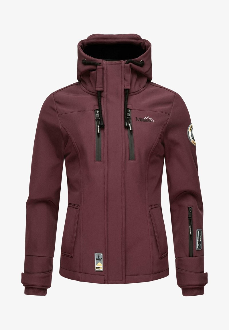 Burgundy puha kabát magas gallérral, dupla cipzáros zsebekkel, fekete részletekkel és logóval. Állítható húzózsinóros kapucnia és mandzsettái vannak.