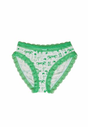 Damenunterwäsche in Grün mit einem Spitzenrand am Bund und den Beinausschnitten, versehen mit einem Muster aus Pferden und Reitausrüstung auf durchsichtigem Stoff.