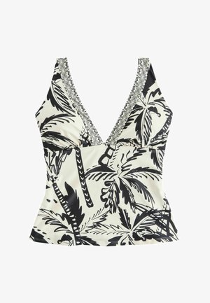 Fekete-fehér mintás ujjatlan felső pálmalevelekkel, V-nyakú és részletes díszítéssel a nyakkivágás körül. Puha, könnyű anyagból.