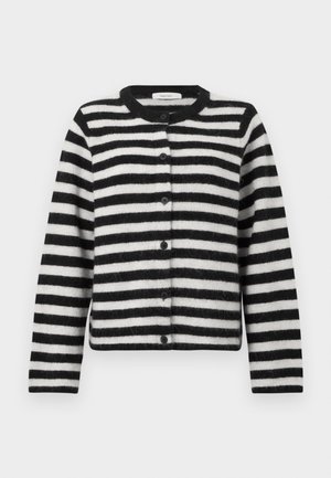 Μαύρο και άσπρο μακό σακάκι με οριζόντιες ρίγες, πουκάμισο, με μακριά μανίκια και στρογγυλή λαιμόκοψη, απλωμένο σε άσπρο φόντο.