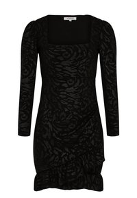 Robe noire à manches longues et décolleté carré, présentant des motifs floraux texturés et un ourlet volé, fabriquée en tissu extensible.