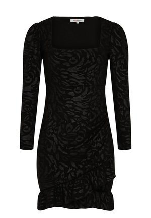 Abito lungo nero a maniche lunghe con scollo quadrato, caratterizzato da un motivo floreale testurizzato e un orlo arricciato, realizzato in tessuto elastico.