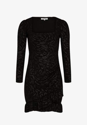 Abito lungo nero a maniche lunghe con scollo quadrato, caratterizzato da un motivo floreale testurizzato e un orlo arricciato, realizzato in tessuto elastico.