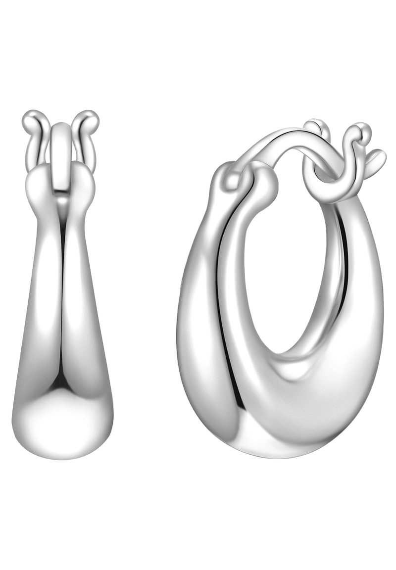 Srebrne obroče od uhanov imajo gladko, polirano površino z organsko, zaobljeno obliko; večji obroč se križa z manjšim, podolgovatim delom.