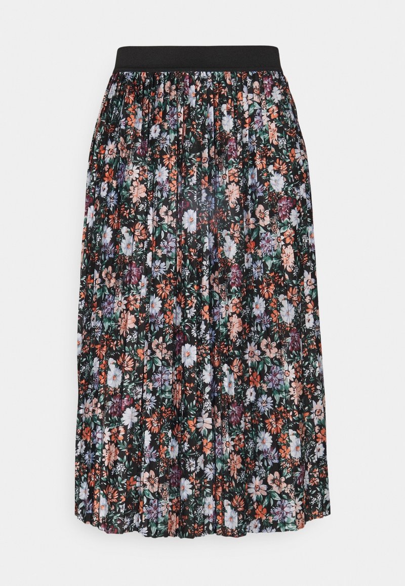 Jupe plissée noire avec un motif floral multicolore et une ceinture élastique noire unie.
