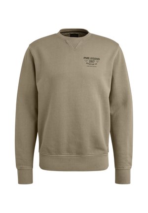 Pullover beige realizzato in cotone misto, con collo a giro, polsini a coste e una piccola grafica stampata sul petto.