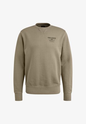 Beige mikina vyrobená z bavlněné směsi, s kulatým výstřihem, žebrovanými manžetami a malým grafickým potiskem na hrudi.