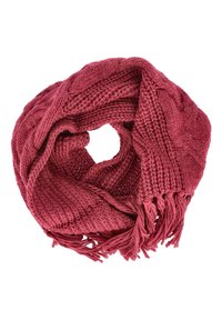 Strickschal in Burgunderrot mit einem strukturierten Zopfmuster und fransigen Enden. Weiches Material mit einer kreisförmigen, umschließenden Form.