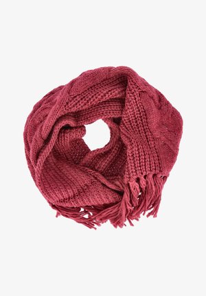 Strickschal in Burgunderrot mit einem strukturierten Zopfmuster und fransigen Enden. Weiches Material mit einer kreisförmigen, umschließenden Form.