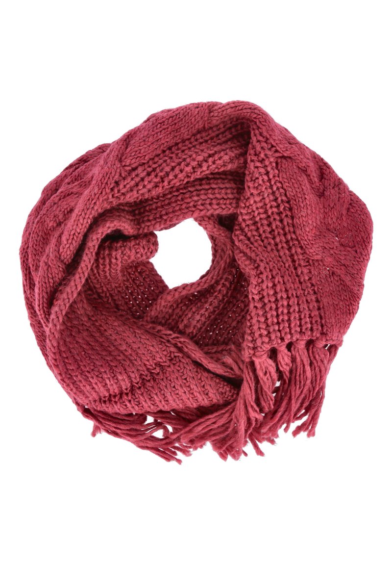 Strickschal in Burgunderrot mit einem strukturierten Zopfmuster und fransigen Enden. Weiches Material mit einer kreisförmigen, umschließenden Form.