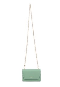 Borsa a tracolla verde menta con tracolla in catena dorata, caratterizzata da una chiusura a patta e un dettaglio del logo sulla parte anteriore. Texture liscia con linee pulite.