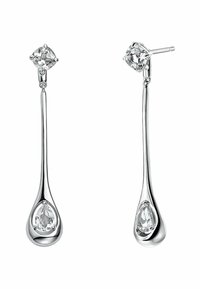 Pendientes de plata con un diseño alargado texturizado, adornados con un cristal en forma de pera y un cristal cuadrado en la parte superior.