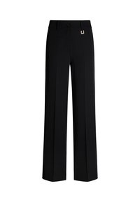 Zwarte wijde broek van een gladde stof. Voorzien van een knoopsluiting en een metalen accent in goudkleur op de tailleband. Rechte, op maat gemaakte pasvorm.