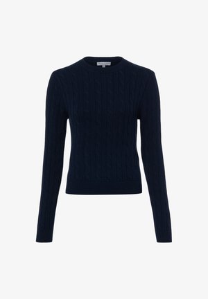 Marineblauer Strickpullover mit rundem Ausschnitt und langen Ärmeln. Verfügt über ein Zopfmuster und gerippte Bündchen sowie Saum.