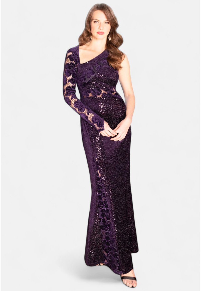 Pinker Pailletten-Kleid mit einem vollen und einem Spitzenschulter, mit floralen Ausschnitten an der Seite und einer figurschmeichelnden Silhouette.