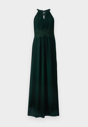 Tume rohelise värvusega maxi kleit, millel on võtmeauk-kaelus, pits Detailid talje juures ja voolav kangas. Sile tekstuur ja mugav lõige.