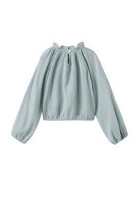 Light blue, ribbed blouse with a mock neckline, puffed long sleeves, and a back keyhole with a button closure. Textured fabric.
