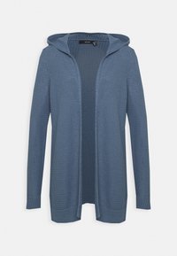 Dlouhý kardigan s kapucí v texturované, světle modré pletenině. Otevřený přední díl s dlouhými rukávy a žebrovanými manžetami. Casual design s uvolněným střihem.