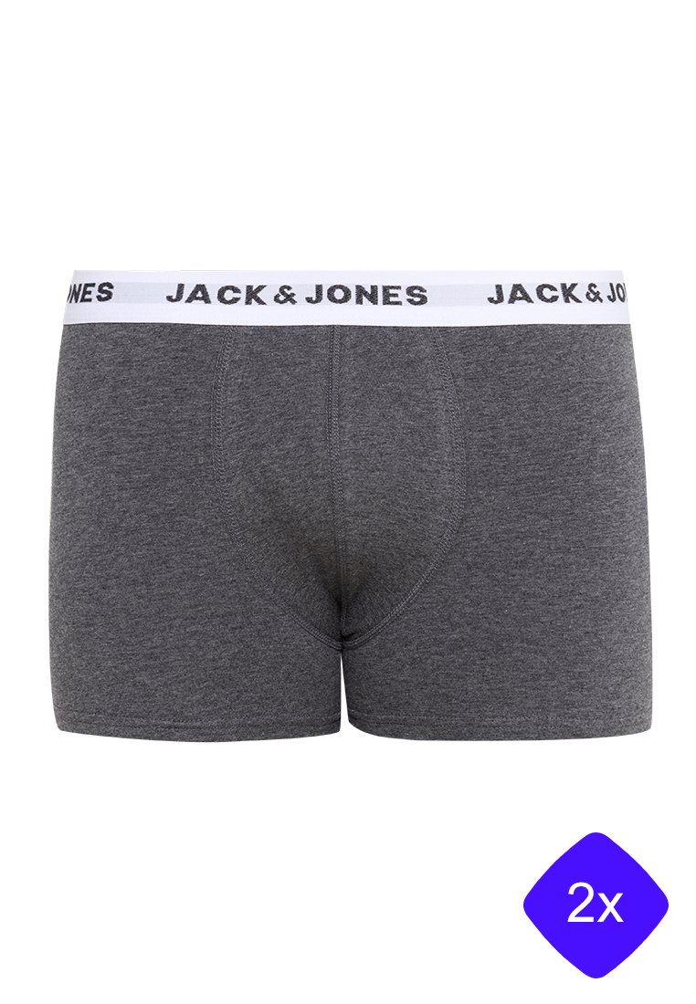 Graue Boxershorts aus Baumwolle mit einem weißen elastischen Bund, der "JACK & JONES" in Schwarz bedruckt hat. Mit einem engen Schnitt designed.