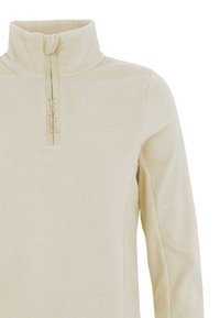 Pullover in pile crema con colletto a mezza zip. Presenta un sottile logo del marchio in beige chiaro e una superficie testurizzata per maggiore calore.